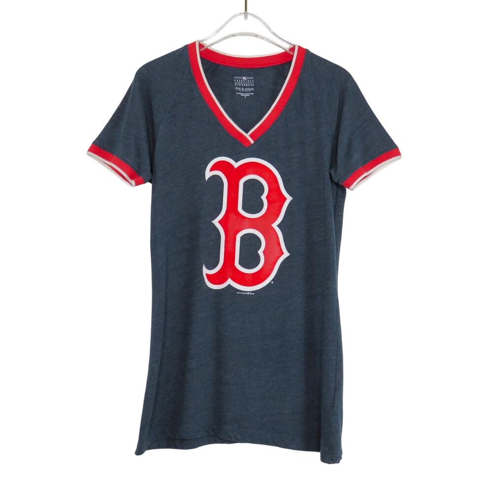 5th & Ocean Boston Red Sox Navy Blue V-Neck Fitted Graphic T-Shirt Medium Womens